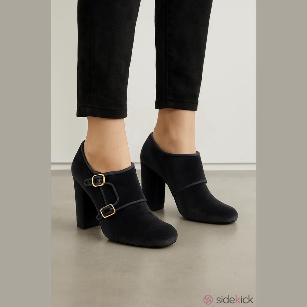 Tory Burch Dark Grey Velvet Double Buckle Block Heel Ankle Boots Booties 7.5